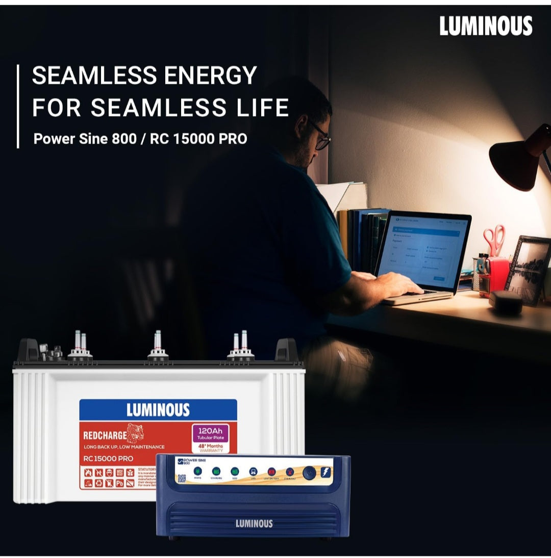 Battery Inverter Luminous Combo β Power Sine 800 Inverter (700VA) + RC15000 Pro 120Ah Battery | Pure Sine Wave for Home, Office & Shops