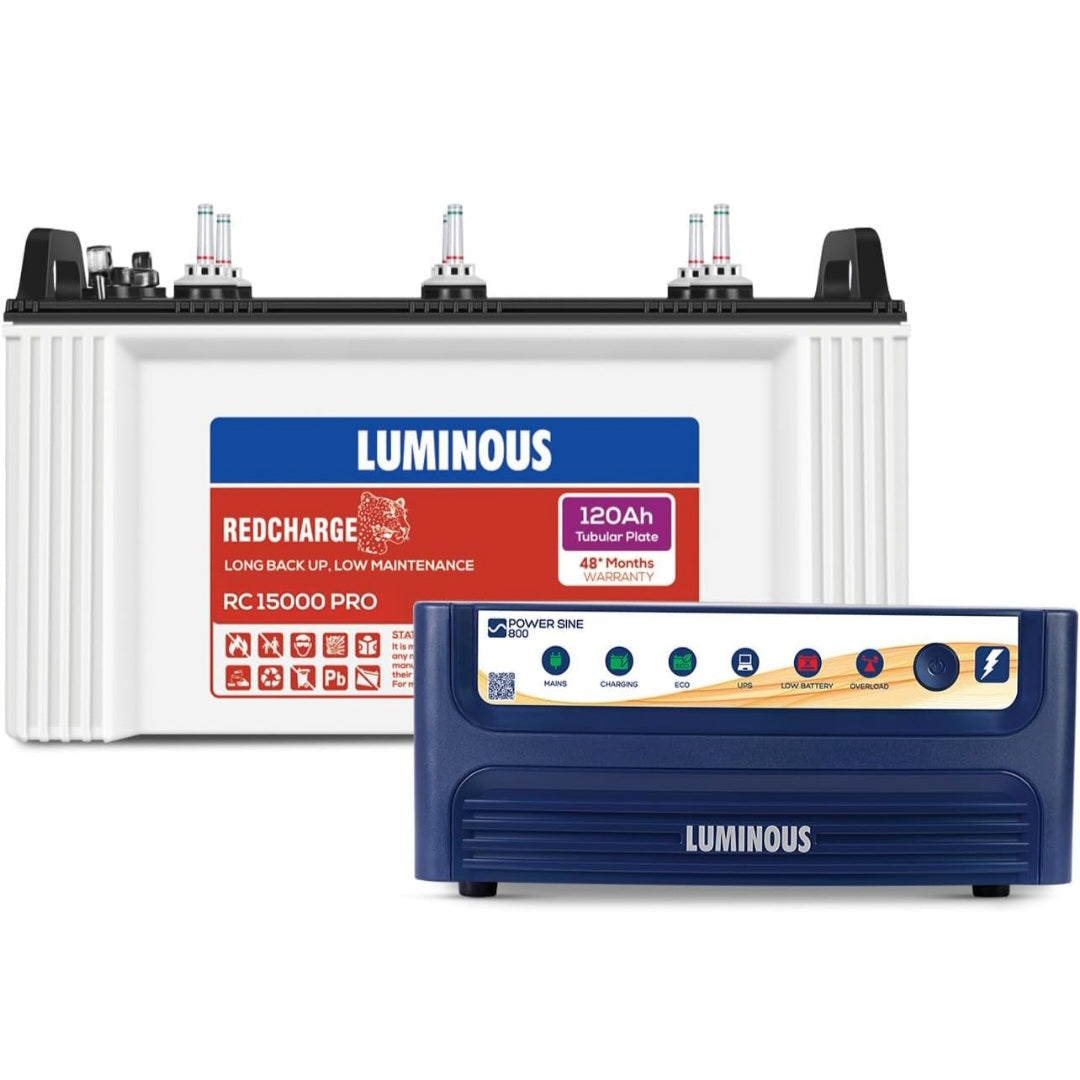 Battery Inverter Luminous Combo β Power Sine 800 Inverter (700VA) + RC15000 Pro 120Ah Battery | Pure Sine Wave for Home, Office & Shops