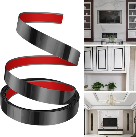 Black Metal Trim Strip (16.4ft) – Peel & Stick Stainless Steel Wall Edge Moulding | Mirror Finish for Tiles, Cabinets & Ceilings